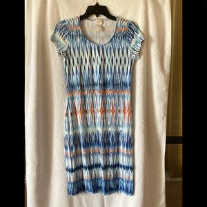 Chico’s blue, orange & green tie dye pattern dress